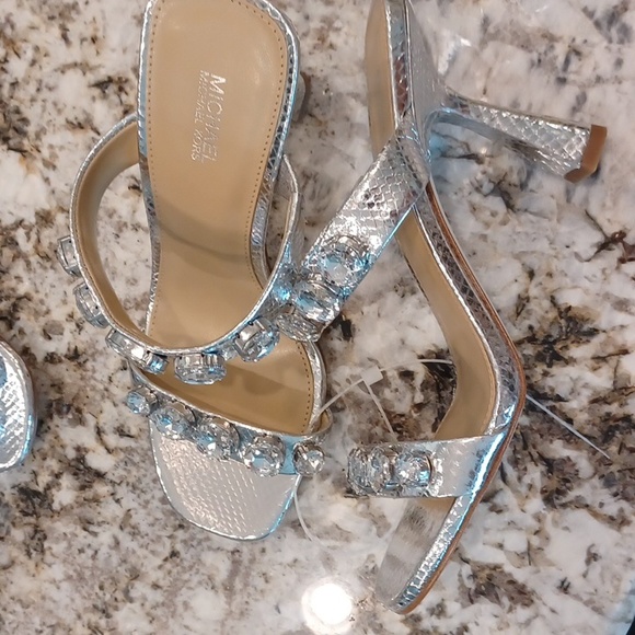 Michael Kors Silver Snakeprint 2 Strap w/Rhinestone High Heel Sandals Multi Size - Picture 6 of 15